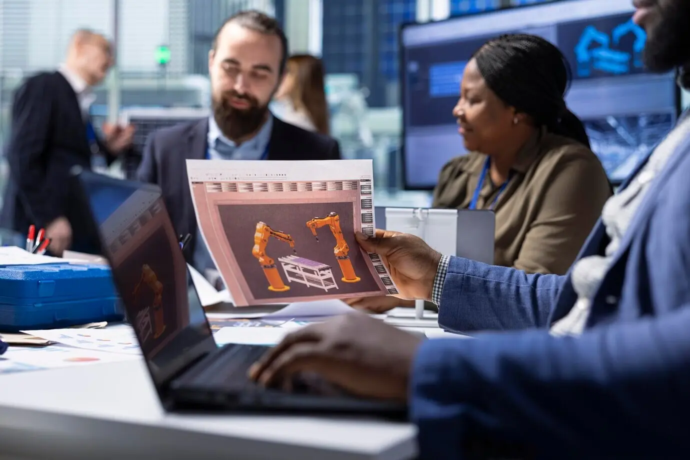 Fabrikmanager überprüfen Schaltpläne und planen mithilfe eines Laptops Anlagenmodernisierungen.
